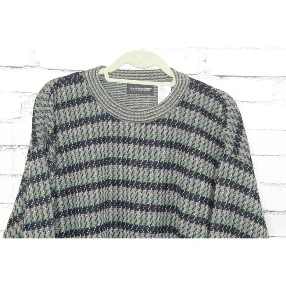 Vintage Expressions Gray Green Striped Acrylic Knit Sweater Size L Naturecore - Picture 2 of 9